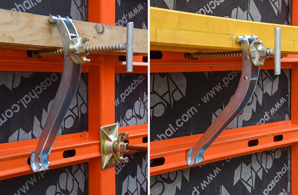 H20 beams or squared timber can be fastened to NeoR panels thanks to the NeoR waling clamp and clamping support