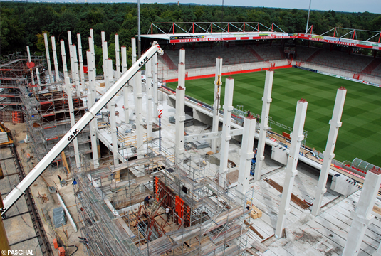Concrete pillars and towers of the  view over the grandstand